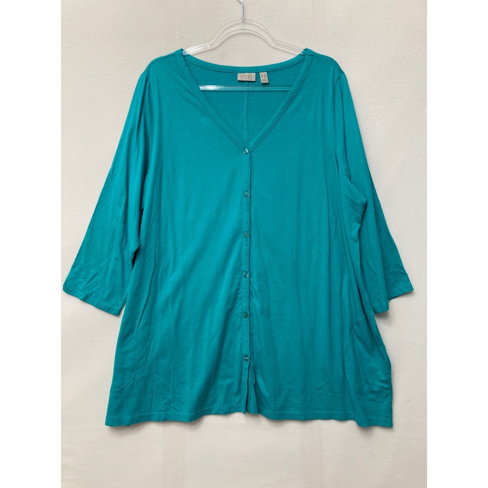 LOGO Lori Goldstein Knit Cardigan 2X Teal V-Neck Button Front Pockets 3/4 Sleeve